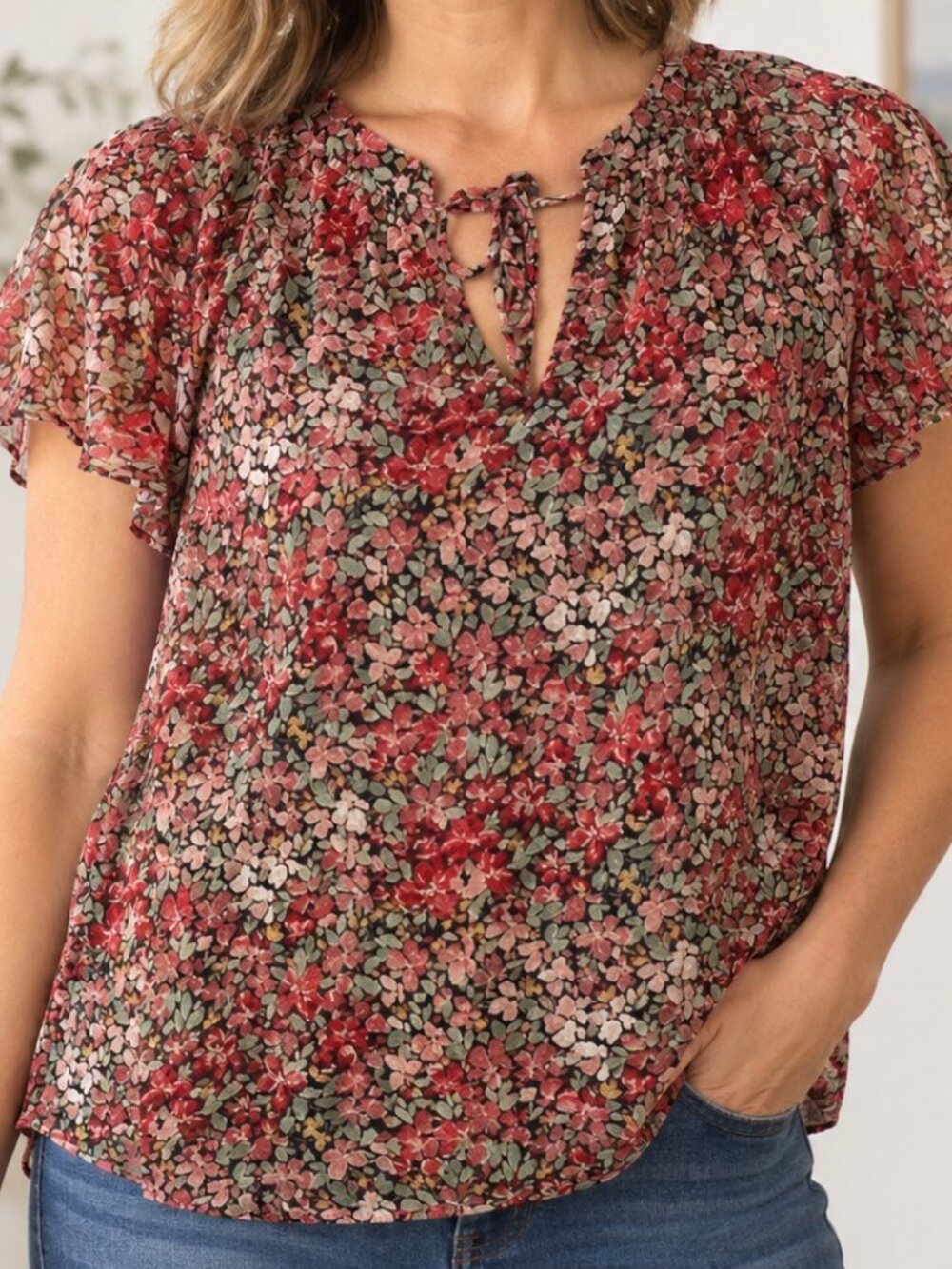 Floral Print Top Short Sleeve Lauren Conrad XL Flowy Peasant Boho, Cottagecore